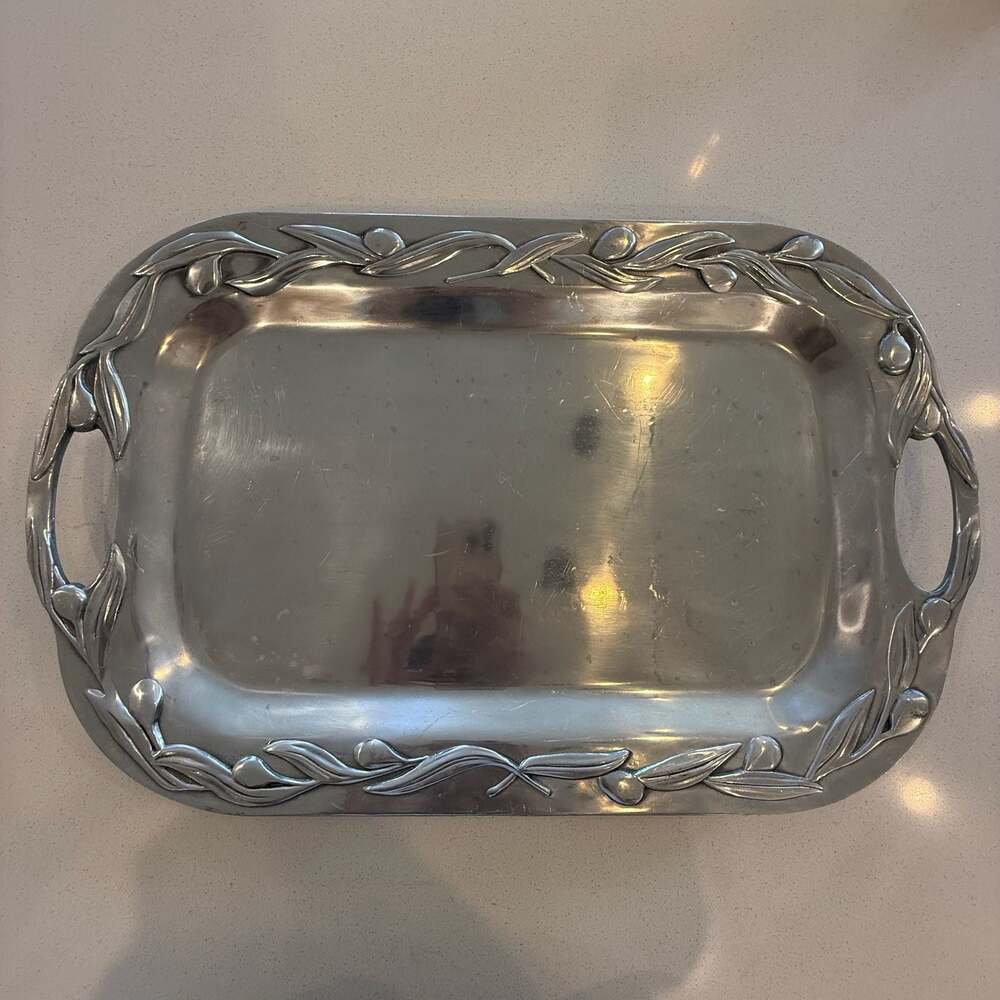 Vintage Tuscan Artland Silver Tone Olive Branch Serving Tray Platter  19.5"